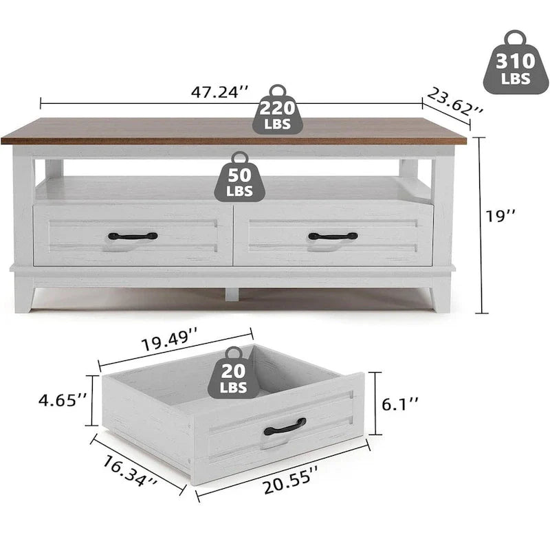 Walnut Coffee Table with Drawers and Open Shelf