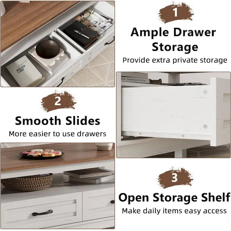 Walnut Coffee Table with Drawers and Open Shelf