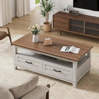 Walnut Coffee Table with Drawers and Open Shelf