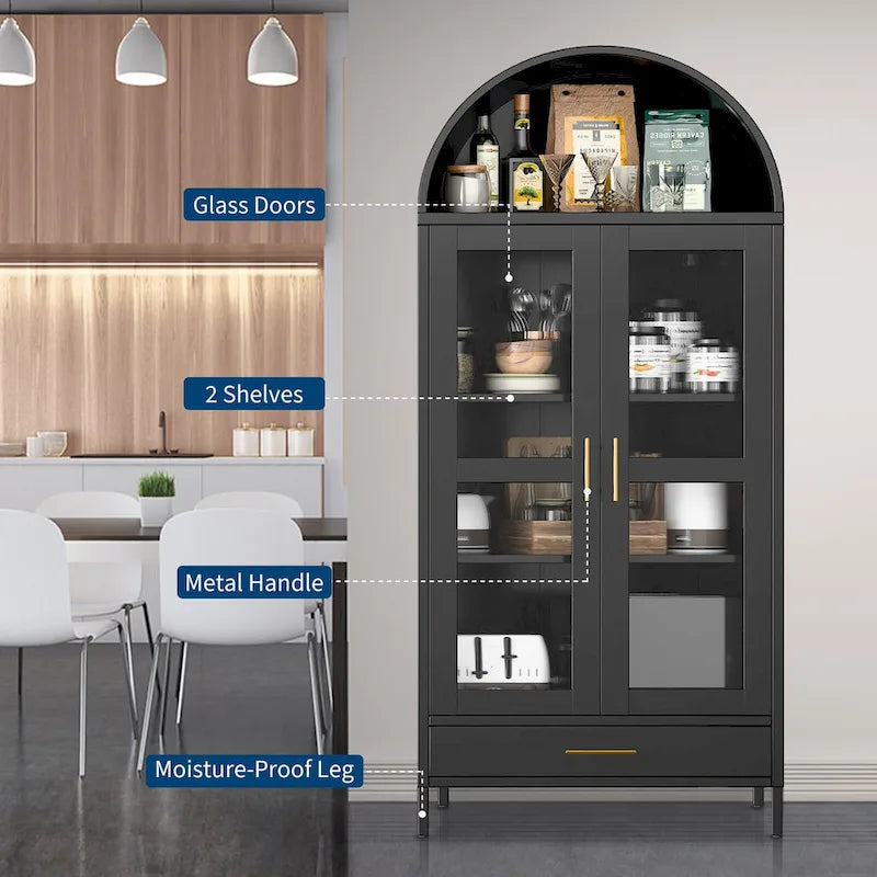 Metal Arched Storage Cabinet with Glass Doors - 73 inch