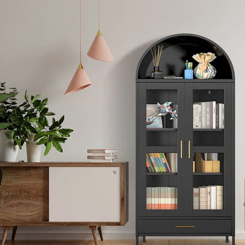 Black / White Arched Glass Door Storage Cabinet – 1-Person Assembly, 2-Shelf