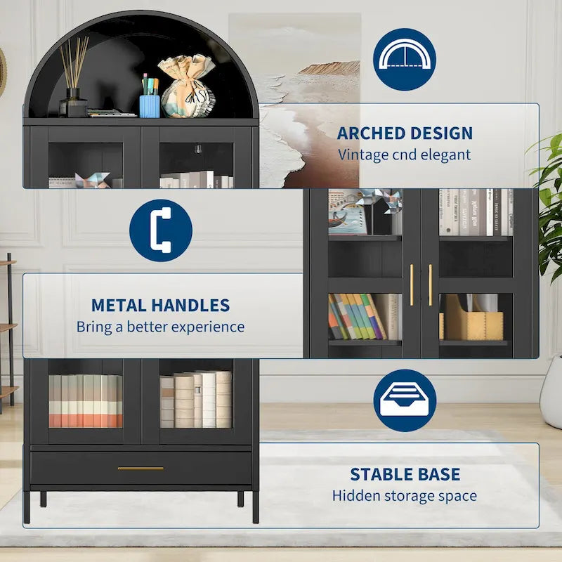 Metal Arched Storage Cabinet with Glass Doors - 73 inch