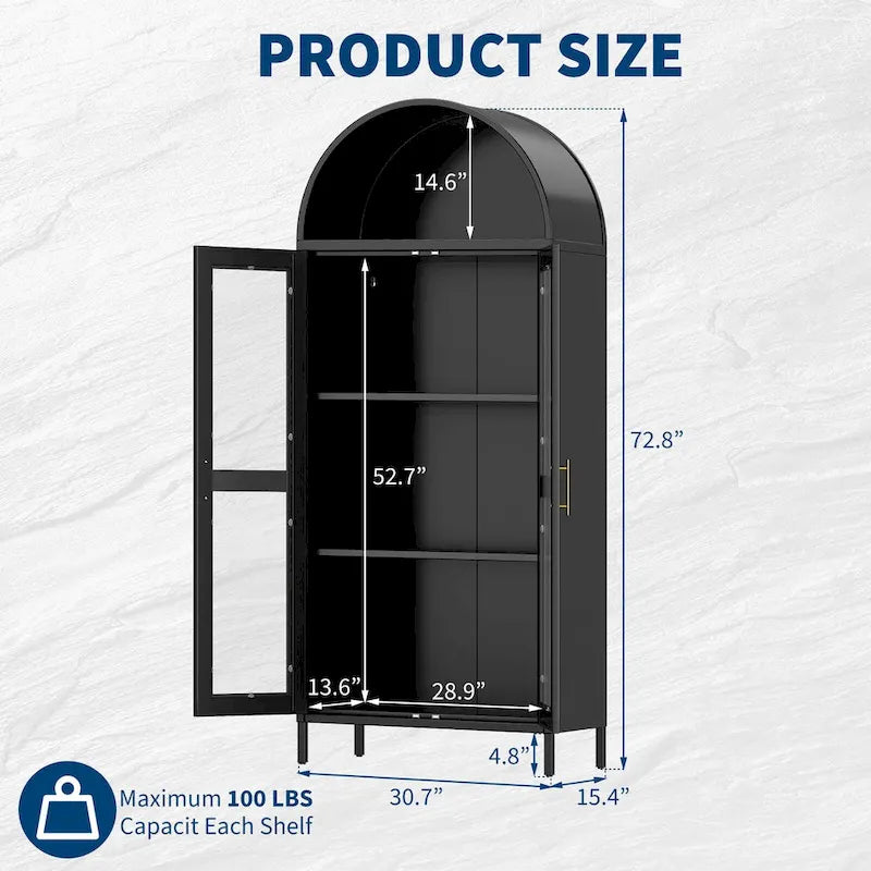 Metal Arched Storage Cabinet with Glass Doors - 73 inch