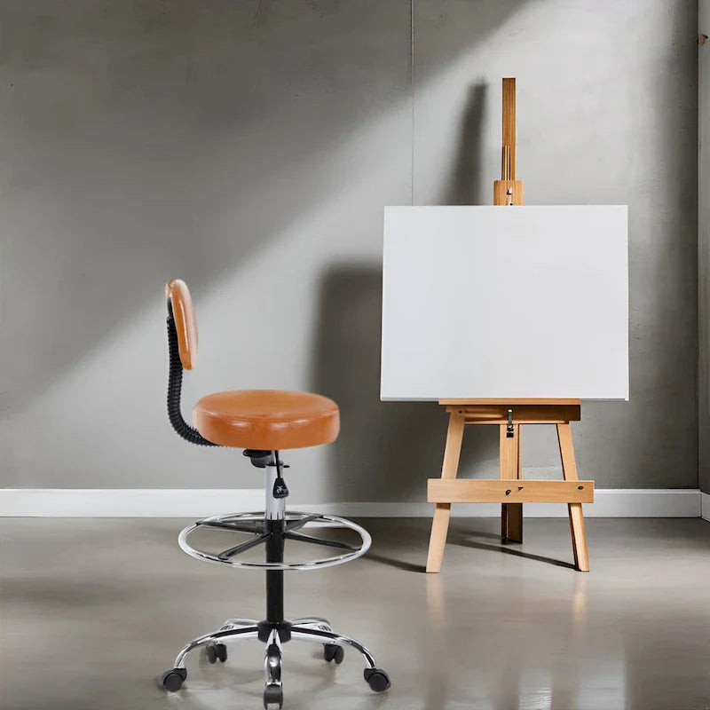 Faux Leather Drafting Stool - Height Adjustable with Backrest