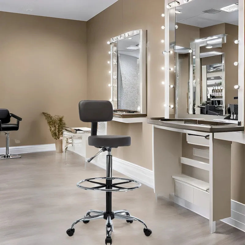 Faux Leather Drafting Stool - Height Adjustable with Backrest