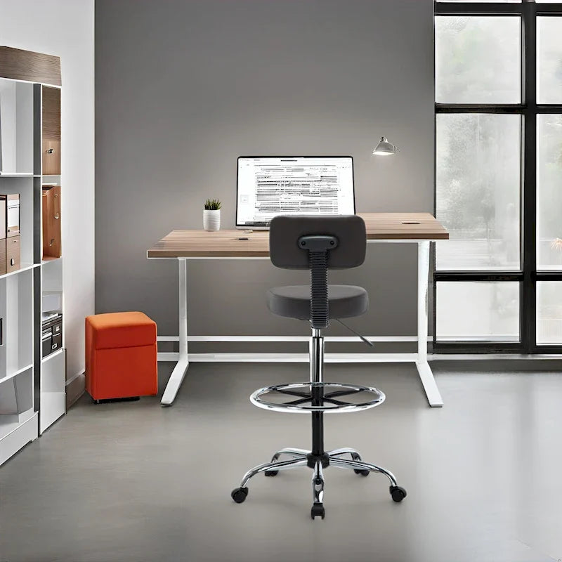 Faux Leather Drafting Stool - Height Adjustable with Backrest
