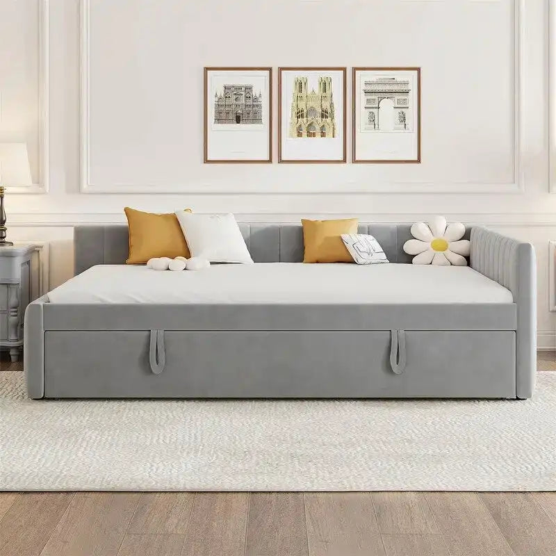 Upholstered Daybed with Pop-Up Trundle - Full Size - Striped Design