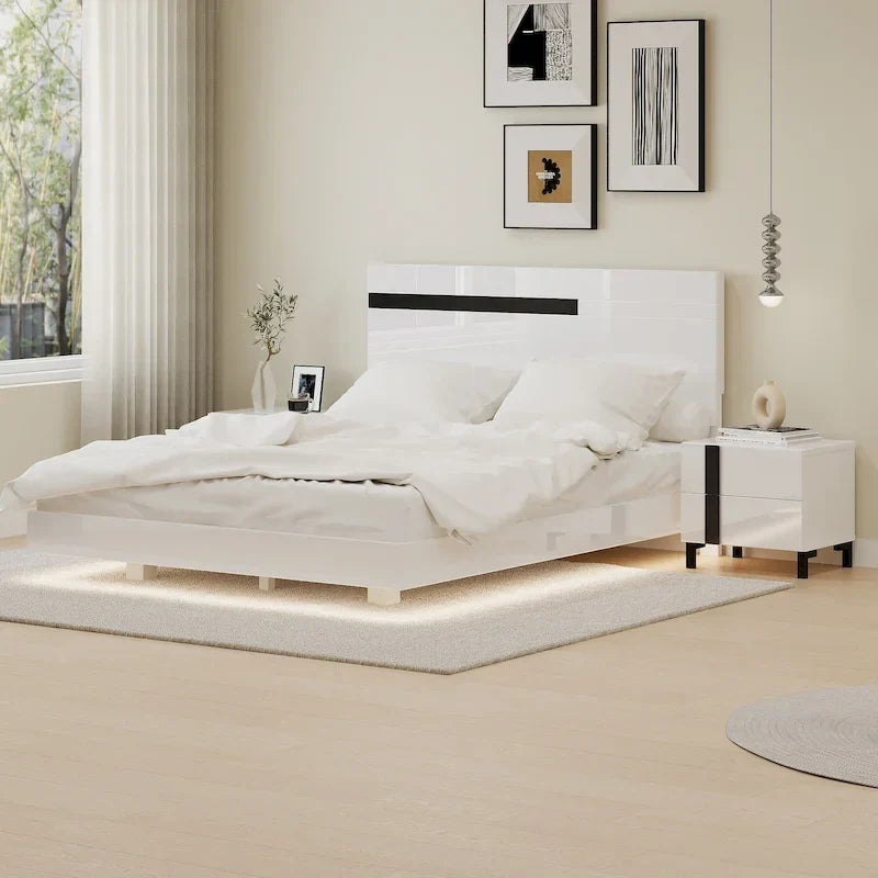 3-Piece Bedroom Set - White High Gloss - Queen Bed with LED & 2 Nightstands
