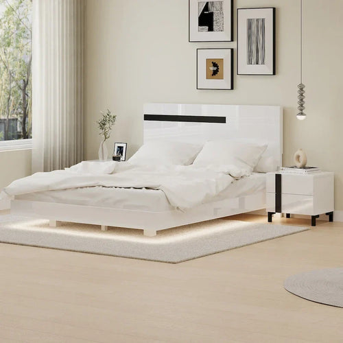 Modern High Gloss 3-Piece Bedroom Set Floating Bed Frame Queen Size Platform Bed with LED Light & 2 Nightstands, White