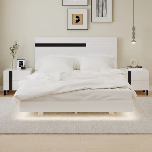 3-Piece Bedroom Set - White High Gloss - Queen Bed with LED & 2 Nightstands