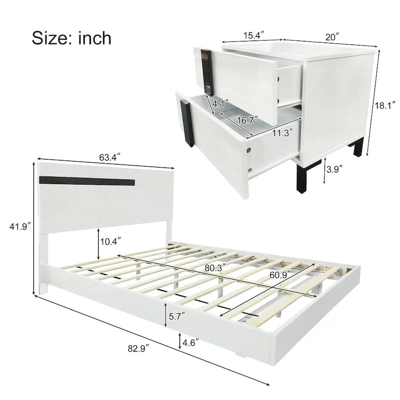 3-Piece Bedroom Set - White High Gloss - Queen Bed with LED & 2 Nightstands