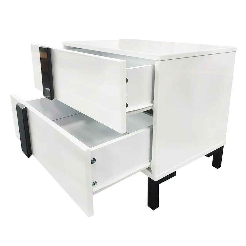 3-Piece Bedroom Set - White High Gloss - Queen Bed with LED & 2 Nightstands