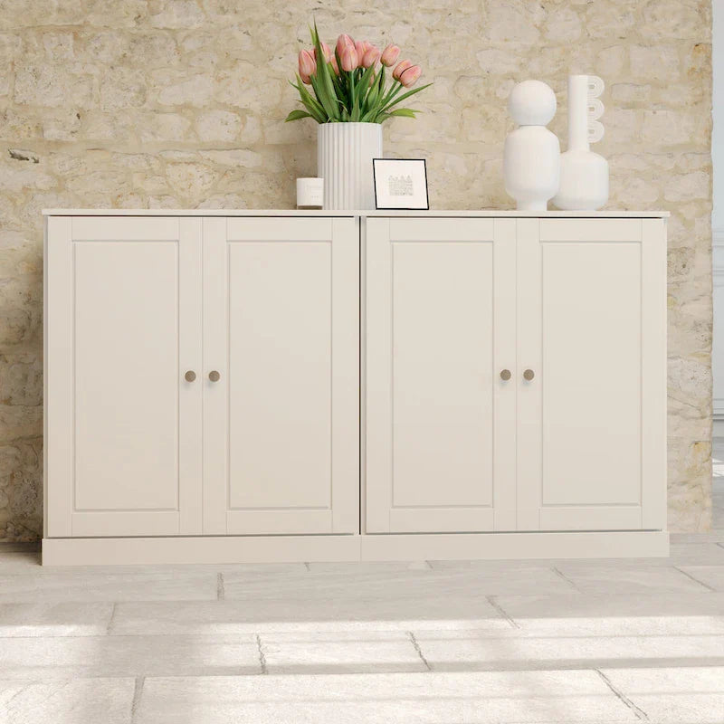 Rustic Brown Solid Wood Sideboard for 2-4 People with Glass and Panel Doors