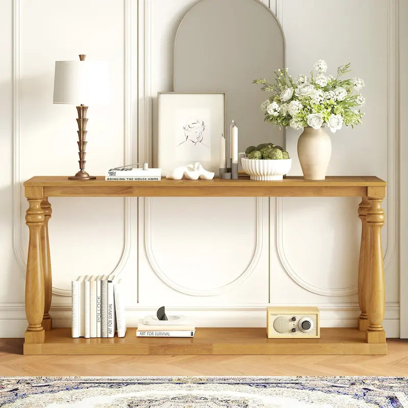 Natural Wood 63 Console Table with Vase-Leg Design