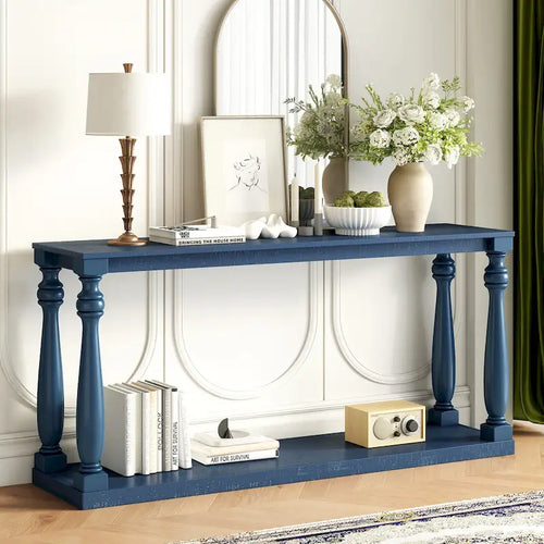 Black / Navy Blue / Natural Console Table with Vase Legs & Storage Shelf, 63"