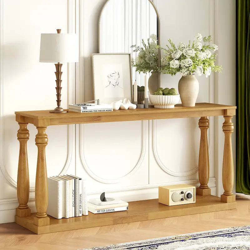 Natural Wood 63 Console Table with Vase-Leg Design