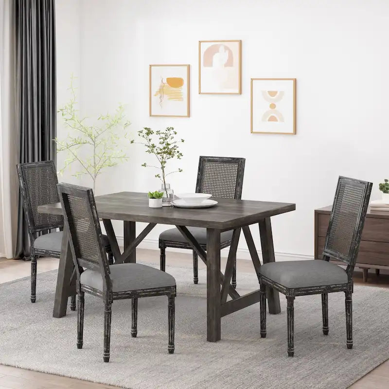 Natural Wood and Cane Upholstered Dining Chairs for 4 People