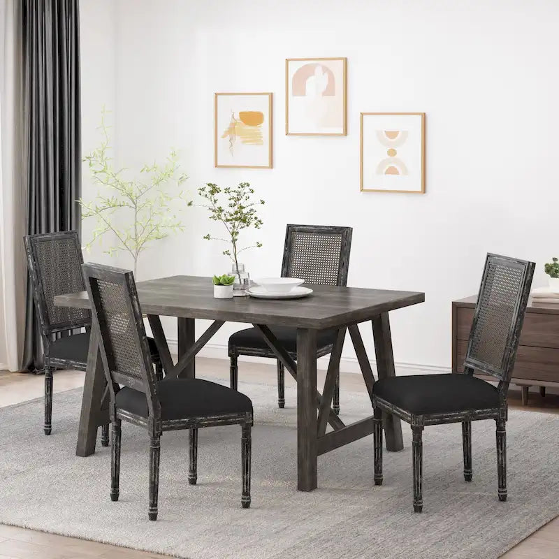 Natural Wood and Cane Upholstered Dining Chairs for 4 People