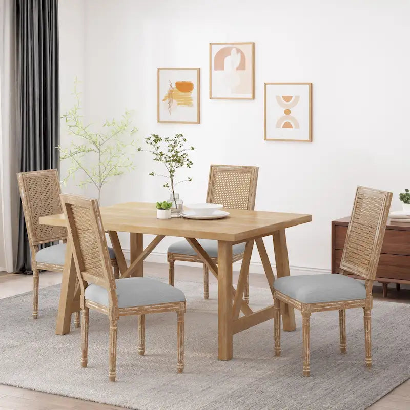 Natural Wood and Cane Upholstered Dining Chairs for 4 People
