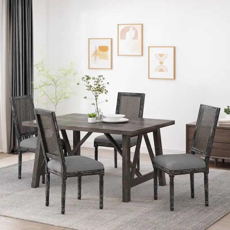 Natural Wood and Cane Upholstered Dining Chairs for 4 People