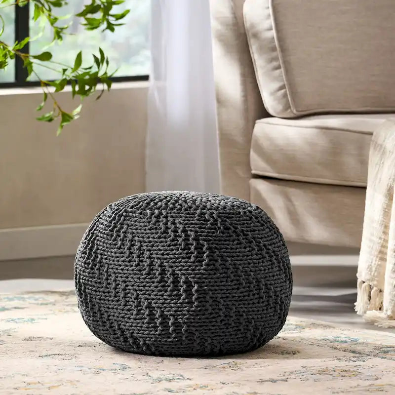 Beige Cable Knit Cotton Pouf Ottoman