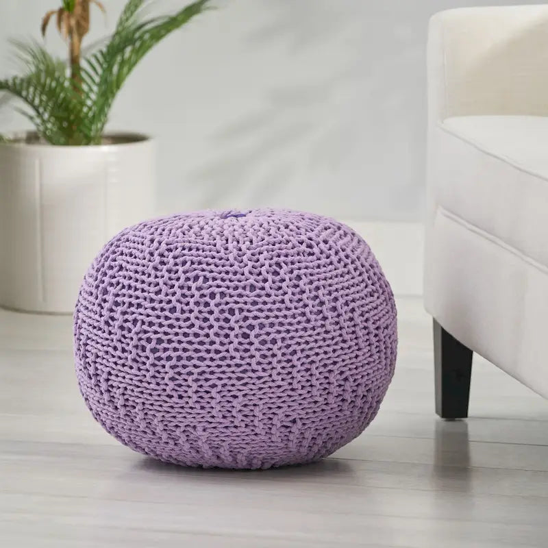 Beige Cable Knit Cotton Pouf Ottoman
