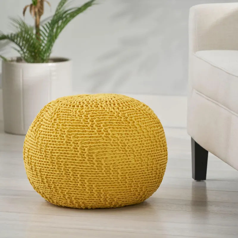 Beige Cable Knit Cotton Pouf Ottoman