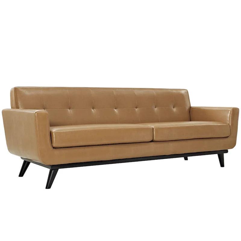 Tan Leather Mid-Century Sofa with Button Tufting