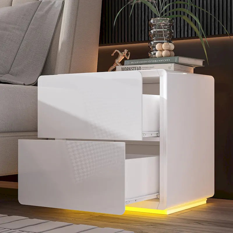 White High Gloss Nightstand with LED Lights - 2 Drawers