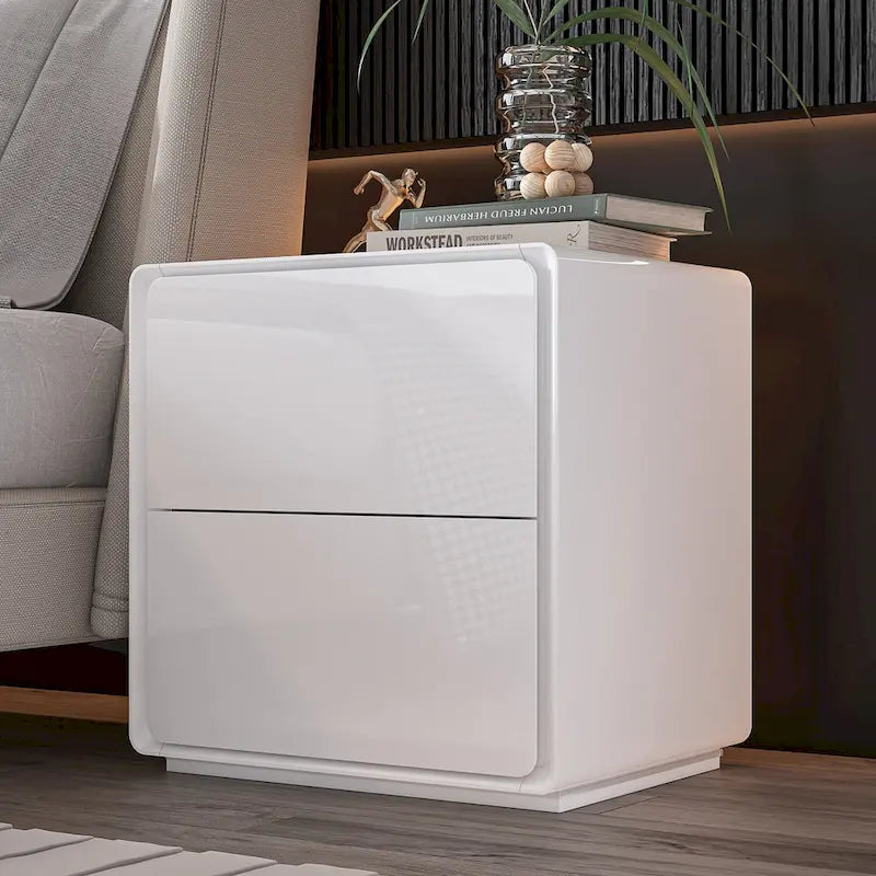 White High Gloss Nightstand with LED Lights - 2 Drawers