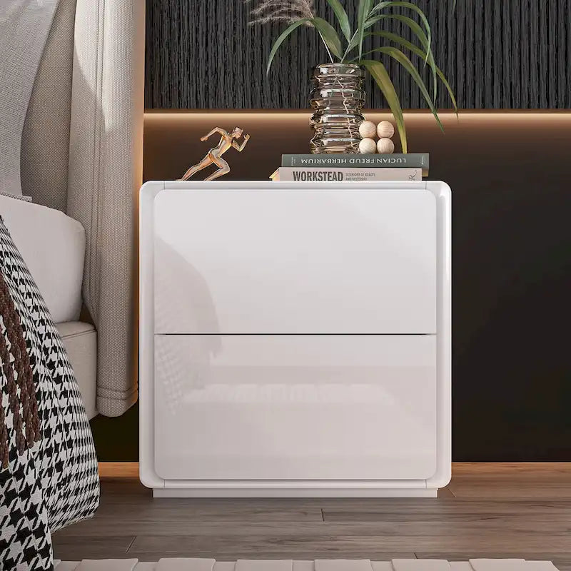 White High Gloss Nightstand with LED Lights - 2 Drawers
