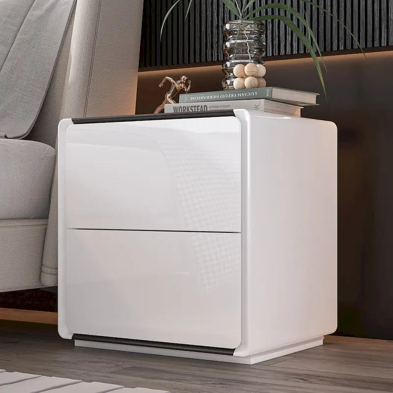 White High Gloss Nightstand with LED Lights - 2 Drawers