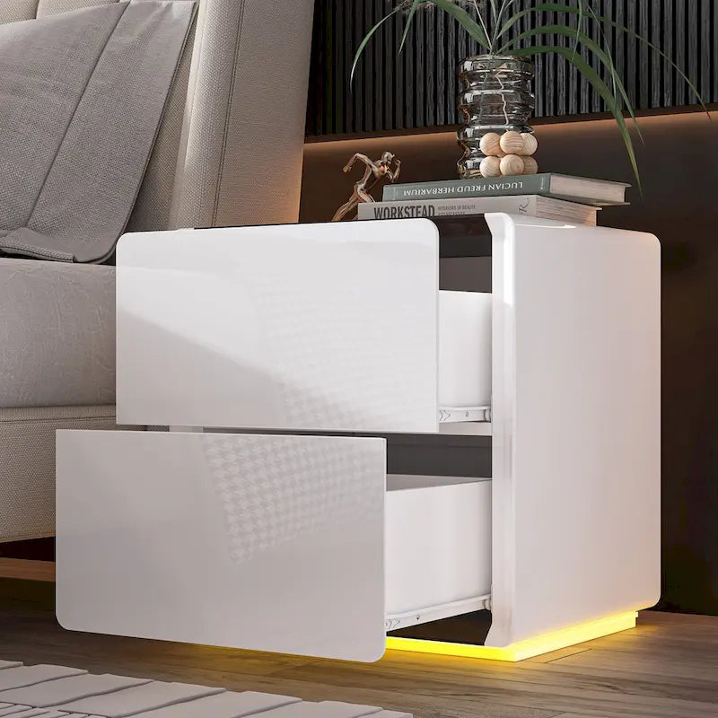 White High Gloss Nightstand with LED Lights - 2 Drawers