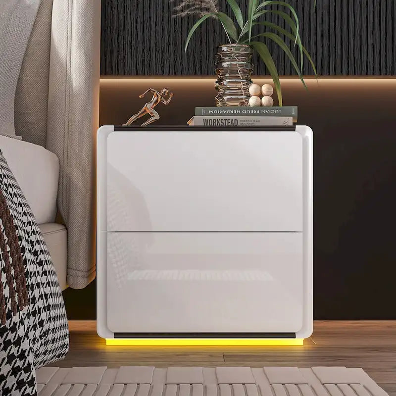 White High Gloss Nightstand with LED Lights - 2 Drawers