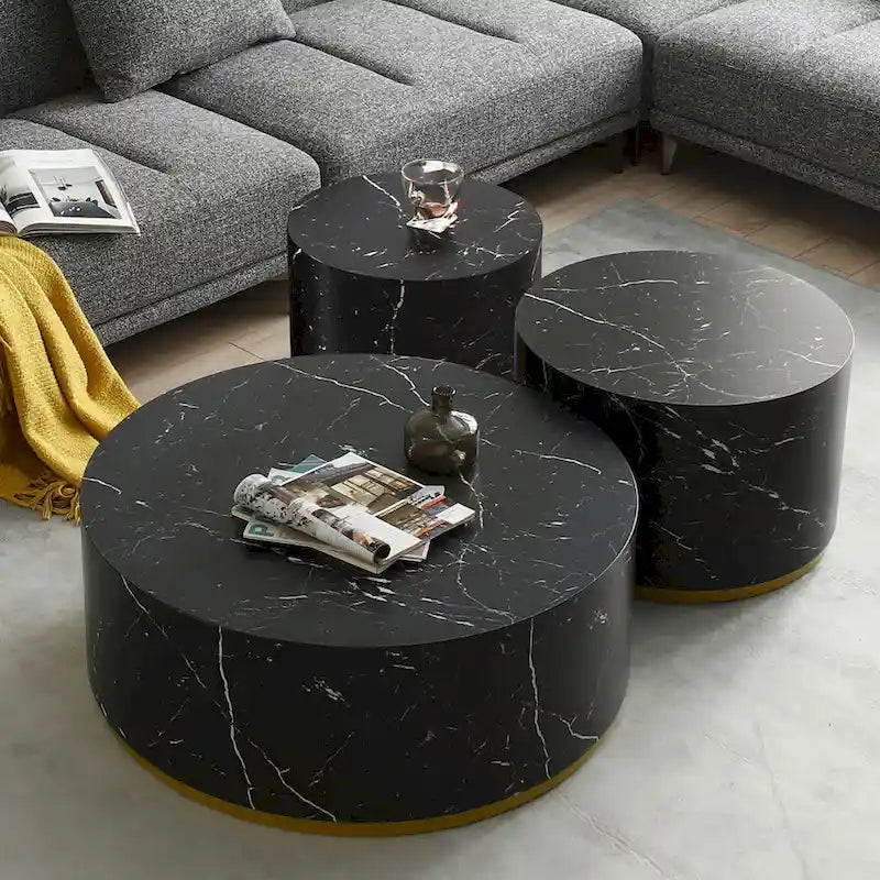 Black and Gold Round Side Table with Marble Top