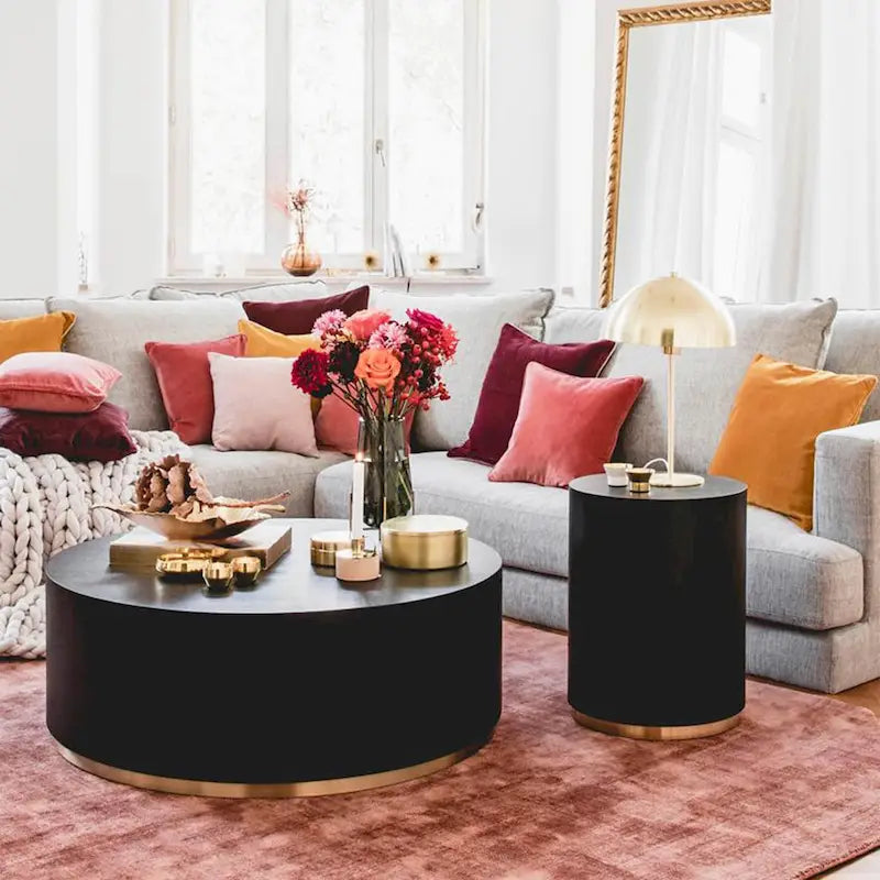 Black and Gold Round Side Table with Marble Top