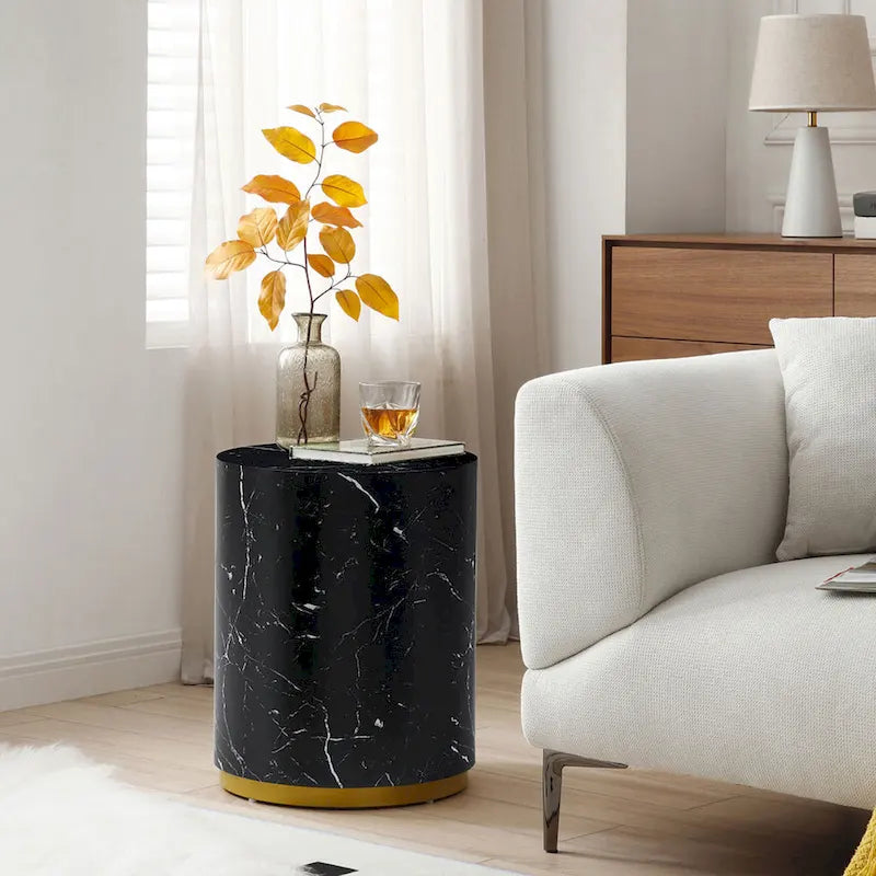 Black and Gold Round Side Table with Marble Top