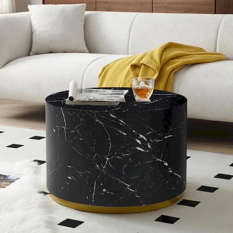 Black and Gold Round Side Table with Marble Top