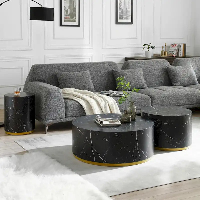 Black and Gold Round Side Table with Marble Top