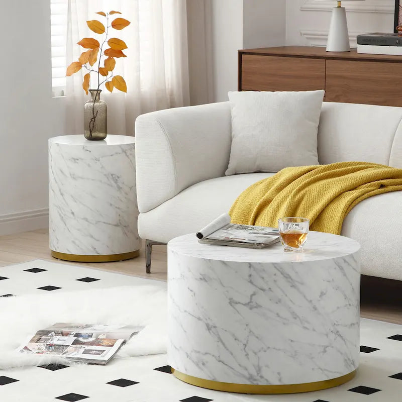 Black and Gold Round Side Table with Marble Top