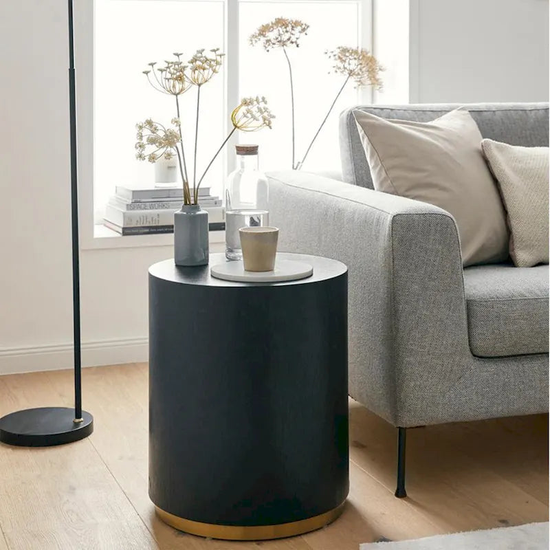 Black and Gold Round Side Table with Marble Top