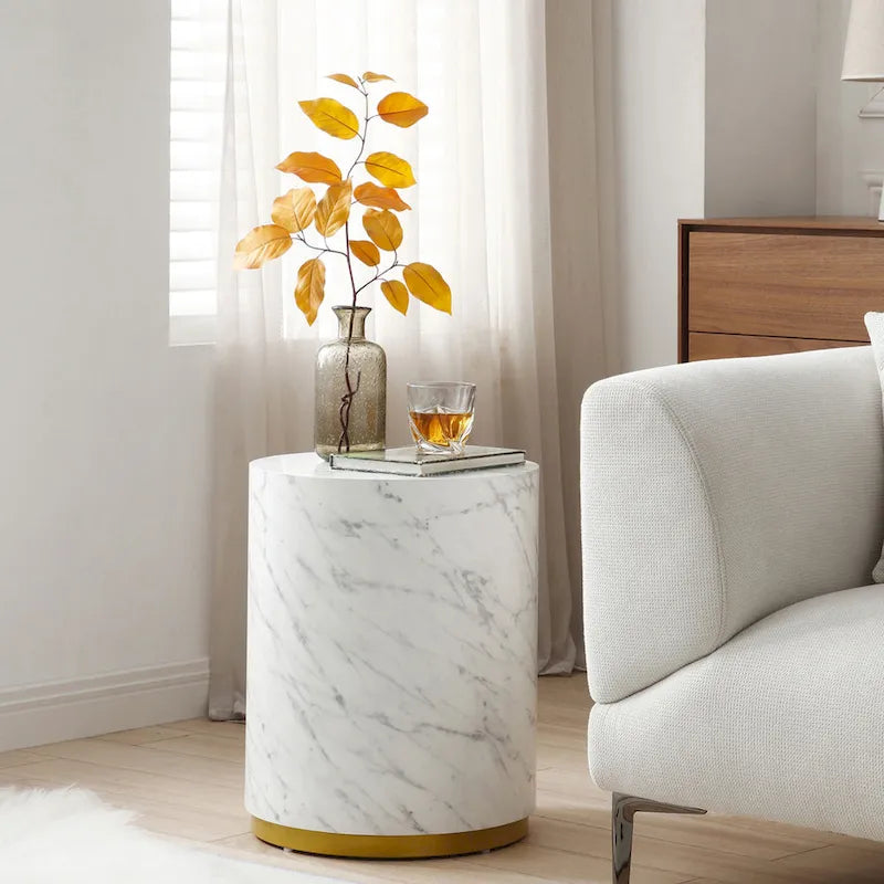 Black and Gold Round Side Table with Marble Top