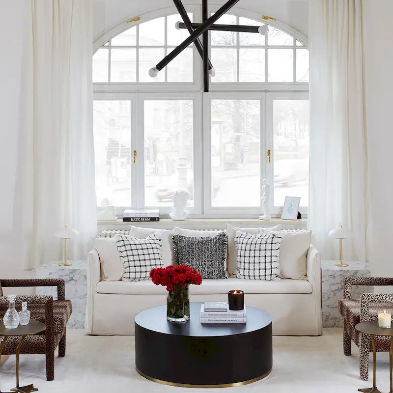 Black and Gold Round Side Table with Marble Top