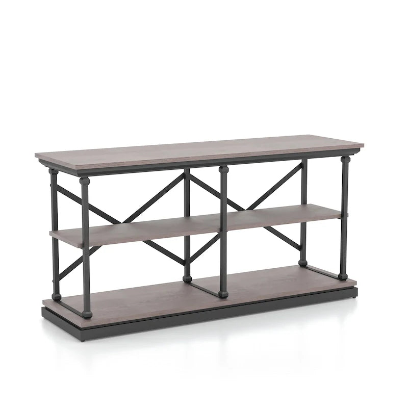 Black and Wood Console Table with 2 Shelves and Steel Frame