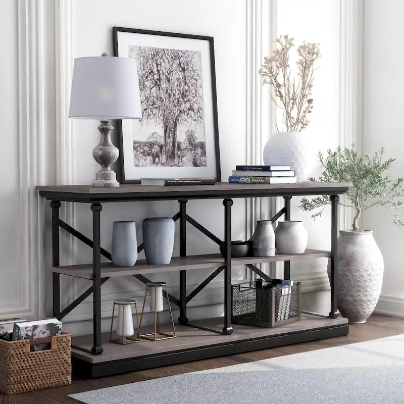 Black and Wood Console Table with 2 Shelves and Steel Frame