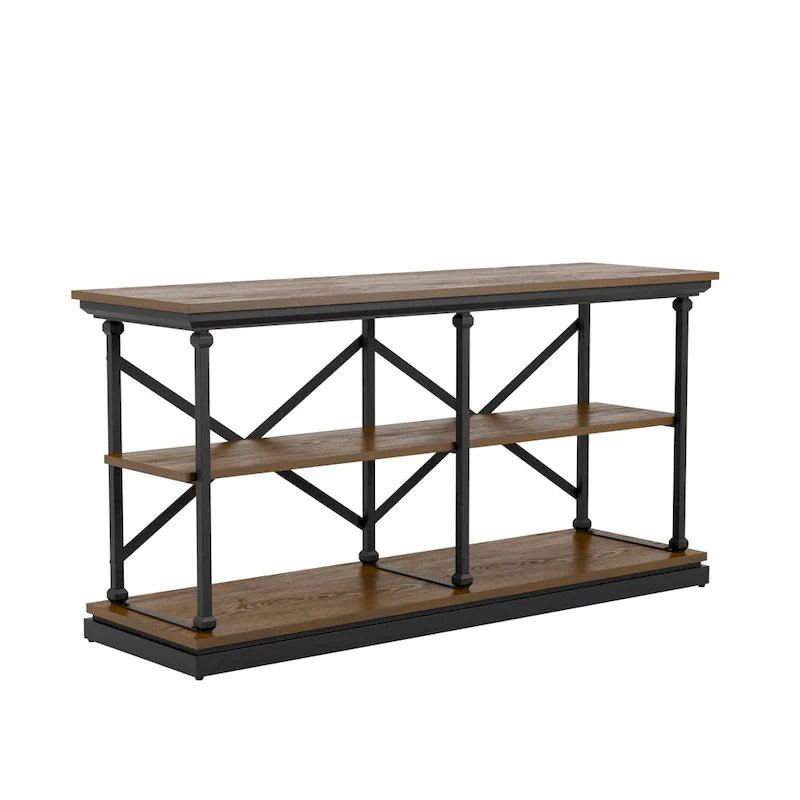 Black and Wood Console Table with 2 Shelves and Steel Frame