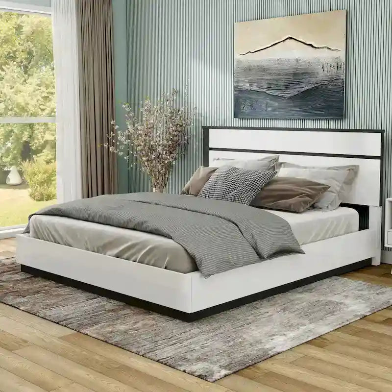 Contemporary Platform Bed - White High Gloss - Asymmetric Design