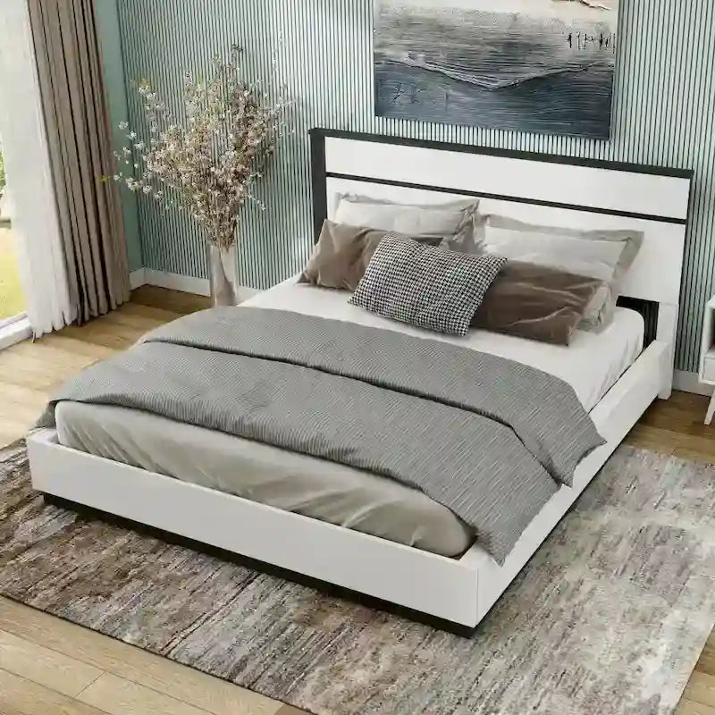 White High Gloss Platform Bed – Asymmetric Style, Sleeps 1-2