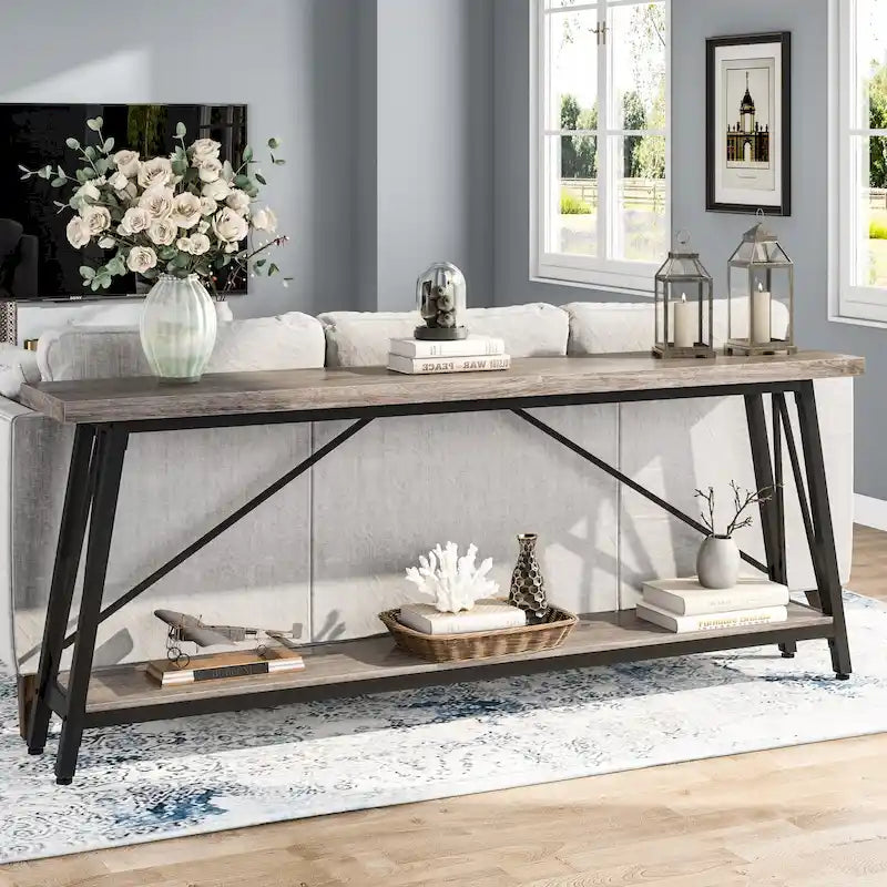 Rustic Brown Industrial Console Table with 2-Tier Storage