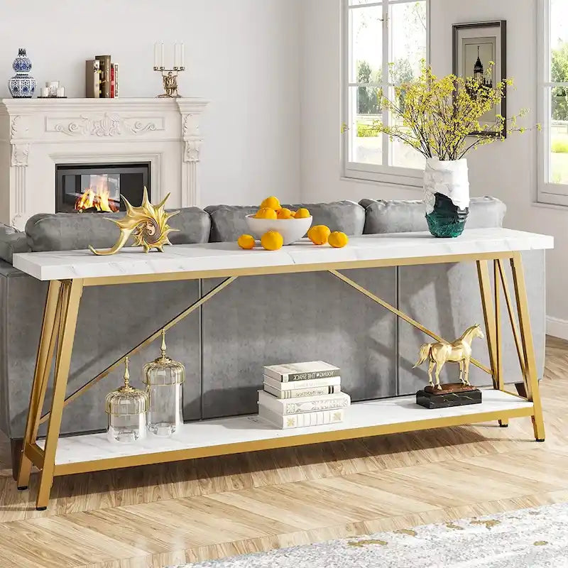Rustic Brown Industrial Console Table with 2-Tier Storage